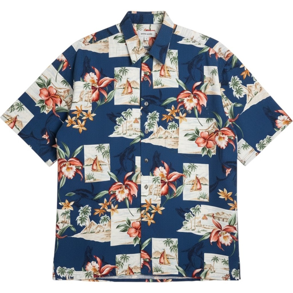 Pierre Cardin Men's Hawaiian Shirt Large Blue Tropical Floral Cotton RN 13185